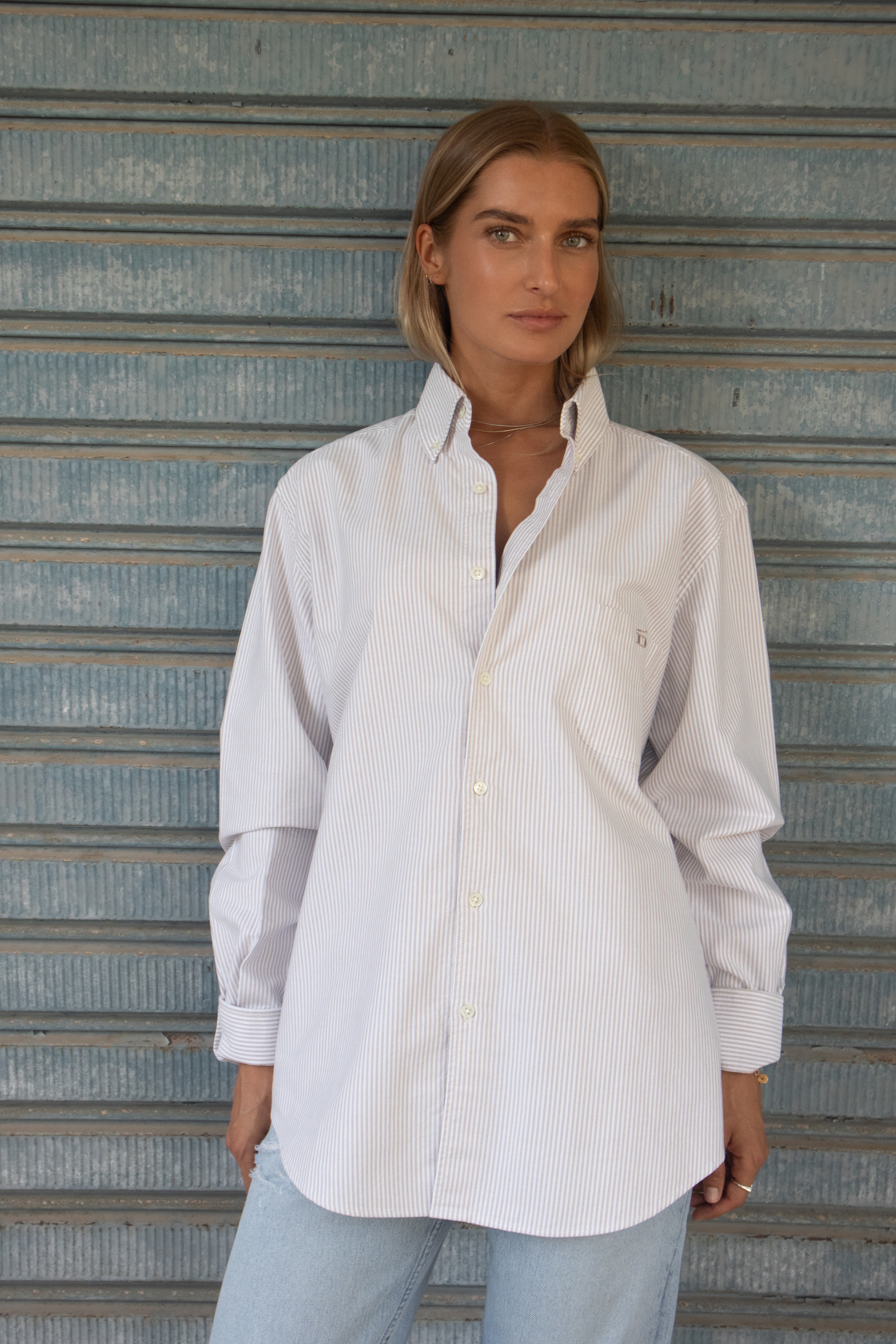 Pinstriped Oxford Shirt D-Brand, Blouses, Pinstriped Oxford Shirt, PINSTRIPE ALMOND, Braun, 217001, 217001-253