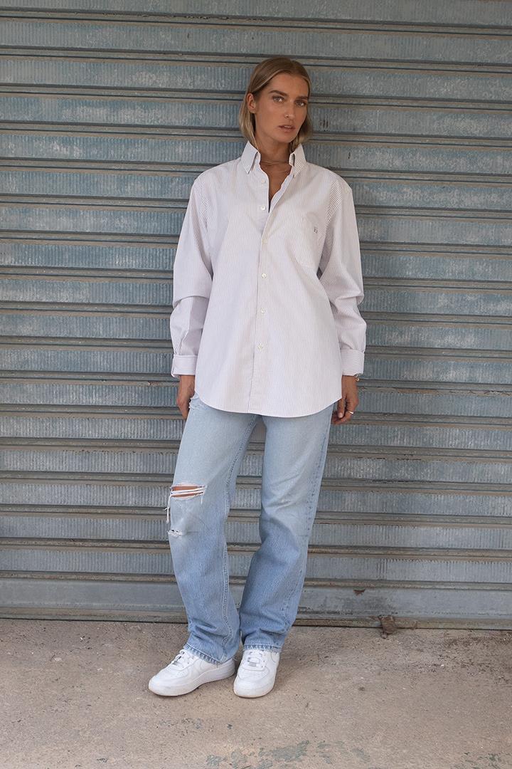 D-Brand, Blouses, Pinstriped Oxford Shirt, PINSTRIPE ALMOND, Braun, 217001, 217001-253