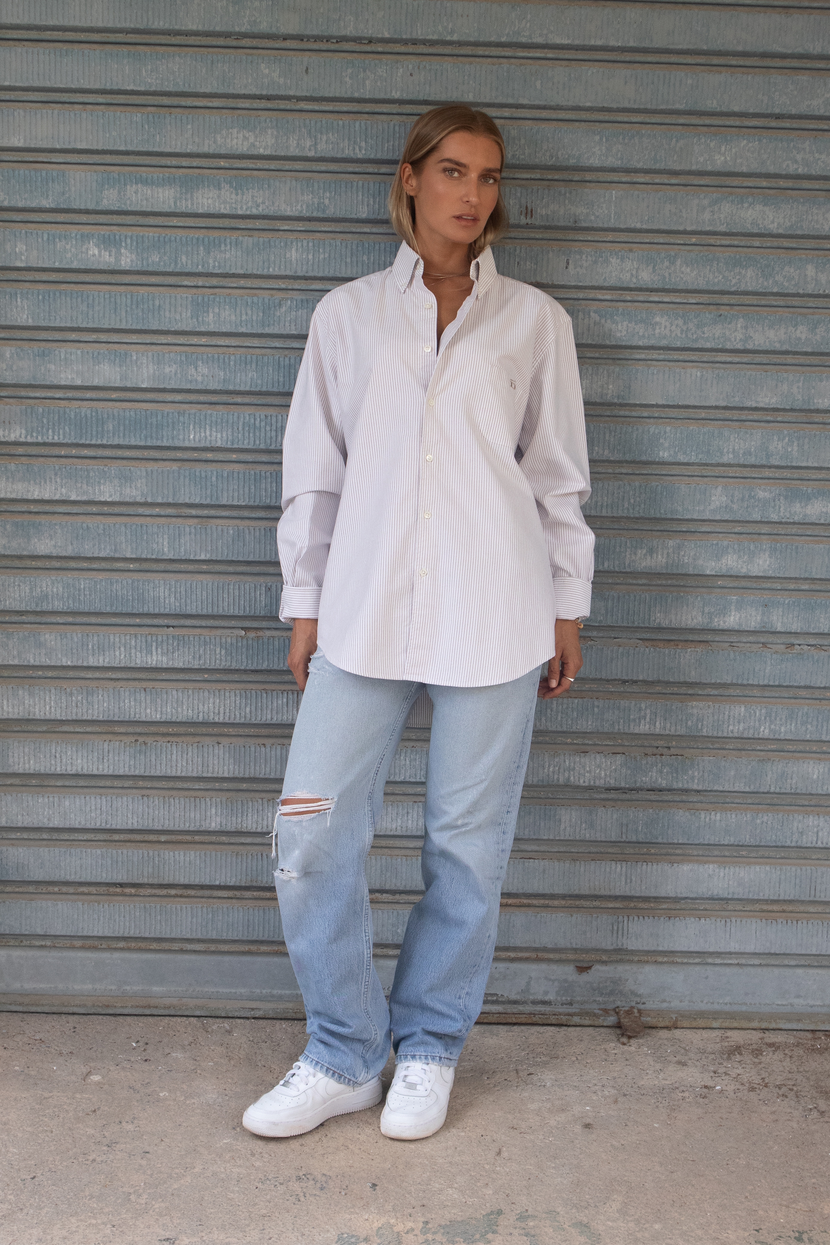 Pinstriped Oxford Shirt D-Brand, Blouses, Pinstriped Oxford Shirt, PINSTRIPE ALMOND, Braun, 217001, 217001-253